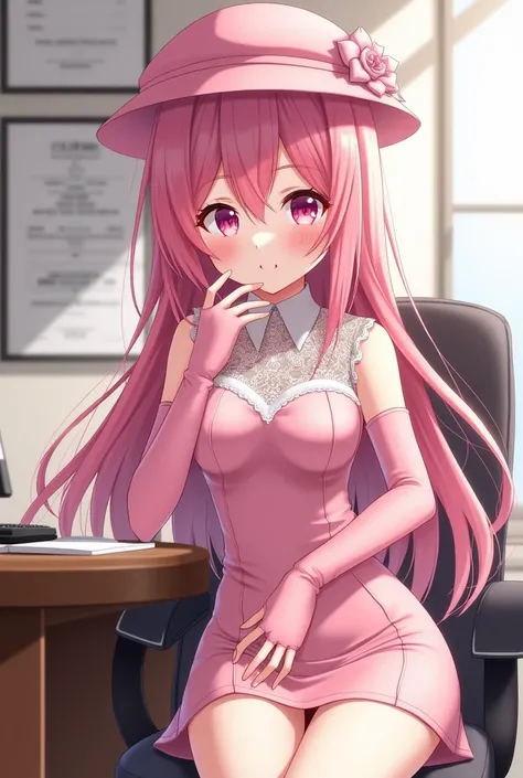 masterpiece,  High definition, Accuracy,  Retina ,  high quality , HD model, Anime body ,  best quality, long pink hair,  pink french hat, pink lace top , breast,  pink elbow length gloves ,  pink short skirt , Pink eyes , heart-shaped pupils ,  sits in th...