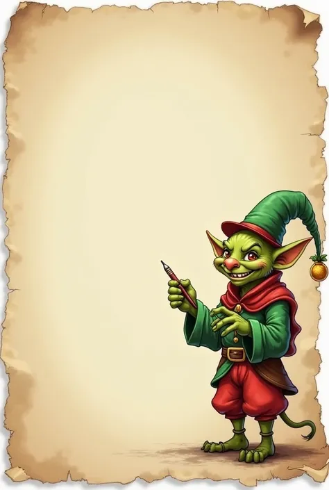 Image of a blank letter with imp dressed in green and red color and a pen 