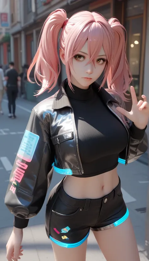 Put one hand on your lower back ,Street Costume, 1 girl, Pink Hair, Brown Eyes, Hair Between Eyes, Twintails, Action Figure, Large breasts, 3D Cartoon, fully clothed, male clothes, Black Form-fitting holographic jacket, Cropped, Black turtleneck, Black and...