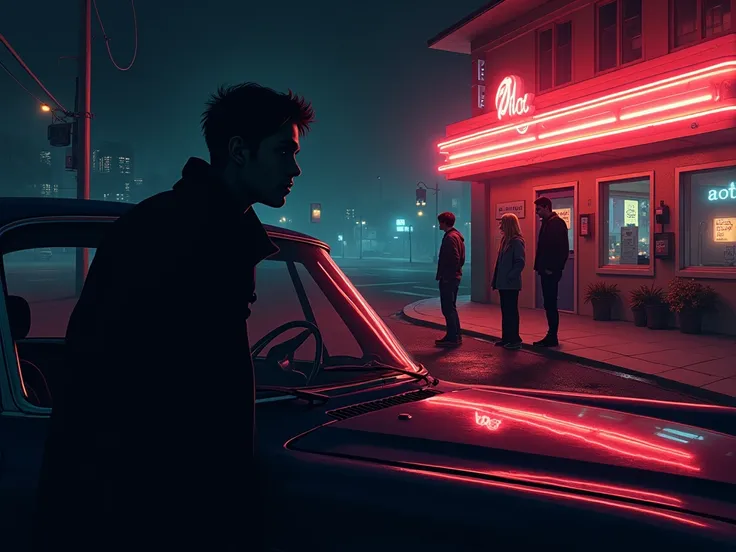  a person inside a car whose only shadow can be seen spying on a couple from afar, a 25-year-old boy and a 30-year-old blonde girl who are outside a retro bar door 