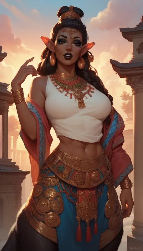 ((Dark Skinned Satyr Woman:1.3)), dark makeup, dark lipstick, colorful Fur, fully clothed, ecchi, Sunset in an ancient temple