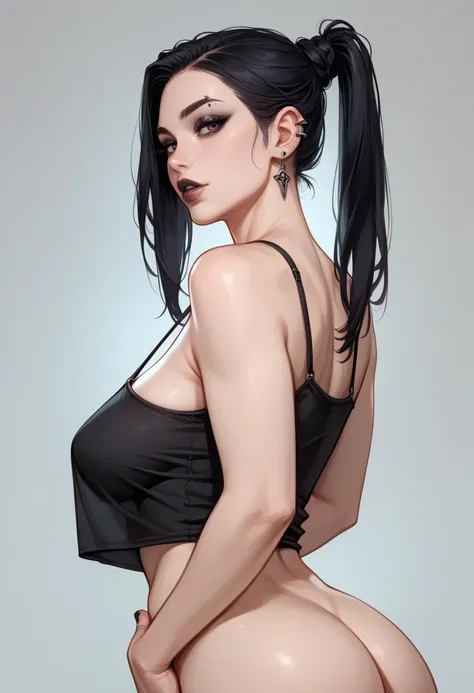 lips, thin lips, parted lips, solo, looking at viewer, camisole, upper body, dark, underlightling, masterpiece, best quality, very aesthetic,

A (slim) goth girl , ((grab her buttocks)), big sagging breasts, long fringe hairstyle, piercings , goth outfit 