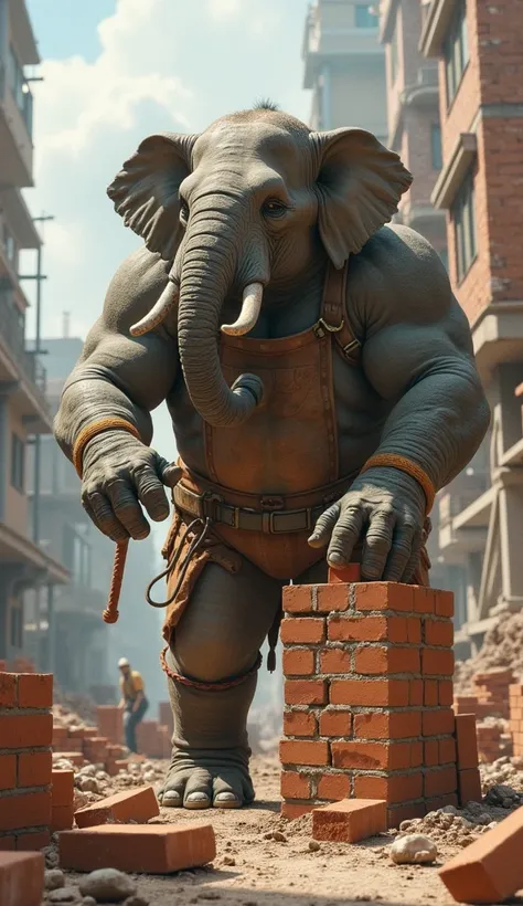 human elephant working as a bricklayer