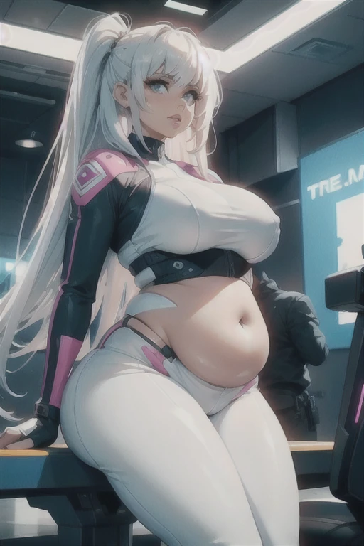 (Best quality), (high resolution), (detailed),1woman, curvy lady, thicc, midriff, stuffed belly, (chubby belly), futuristic style, future fashion, (((hyperfuturistic))), (neon suit), longe blonde hair, thick eyebrows, thick lips, straight hair, long blonde...