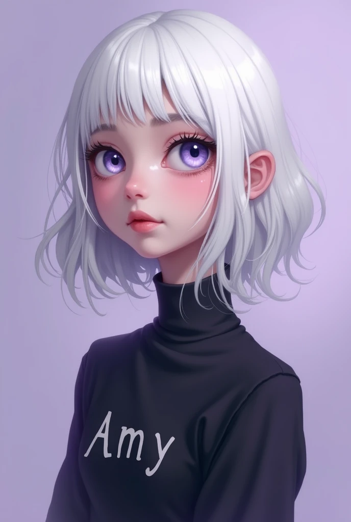 Lavender colour baground young teenager with white hair and black top written Amy on it and lavender eyes 