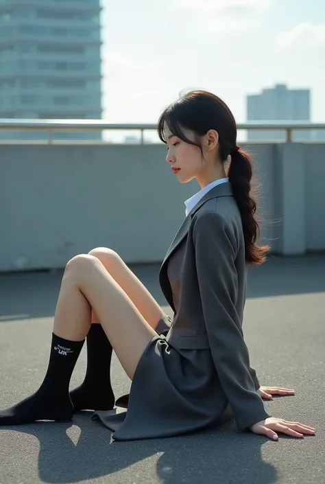 （  photorealism  ：1.2）、   Japanese model in her 20s 39   ;Thick legs、  Female bank employee in uniform    、23 year old beauty、Business Uniforms、 Outdoor roof terrace 、 lie down on an asphalt deck with a view of the building and take a nap in a large shape ...