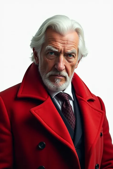 A white-haired man blue eyes red coat white background 