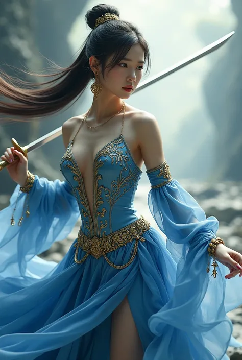 a beautiful asian woman with unmatched beauty in a blue dress reveals her toned arms, symbolizing freedom, with a sword, concept art by Yang J, Artstation contest winner, fantasy art, extremely detailed artgerm, epic exquisite character art, stunning armor...