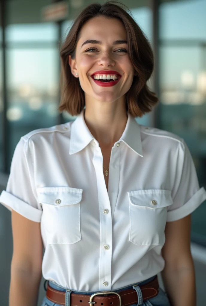 white lady , in white casually down-button pilot shirt, laughing with her mouth open, red lipstick accentuating her smile,belt on waist, big wide hips, chest are fully grown, jewerly, white buttons visible on shirt, short hair, HD, airport, photo-realism, ...