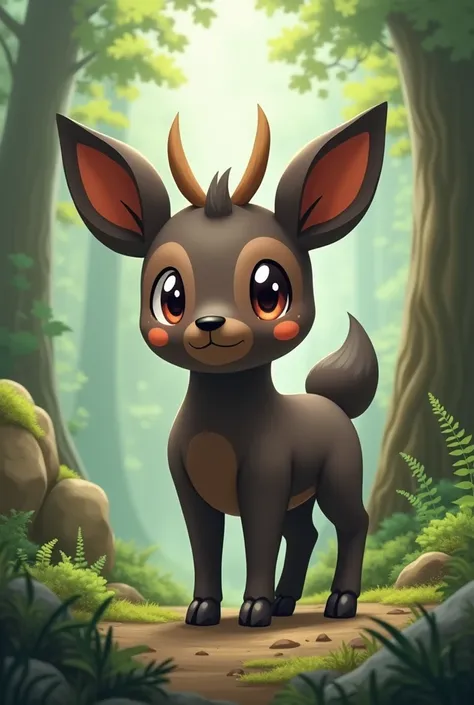 Baby pudú , dark colored, chubby, Pokémon with short legs and small horns 