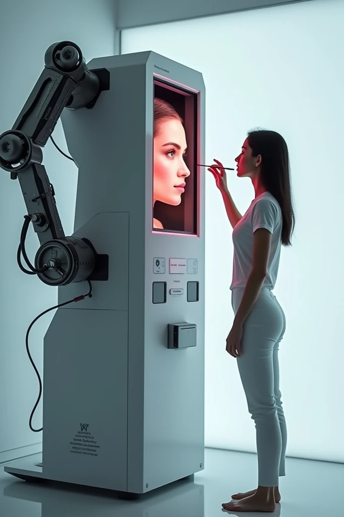 a box like thing that can fit your face inside and your body outside to measure or visualise your face and  you can also choose a look and a robot hand  does your makeup in an instant 