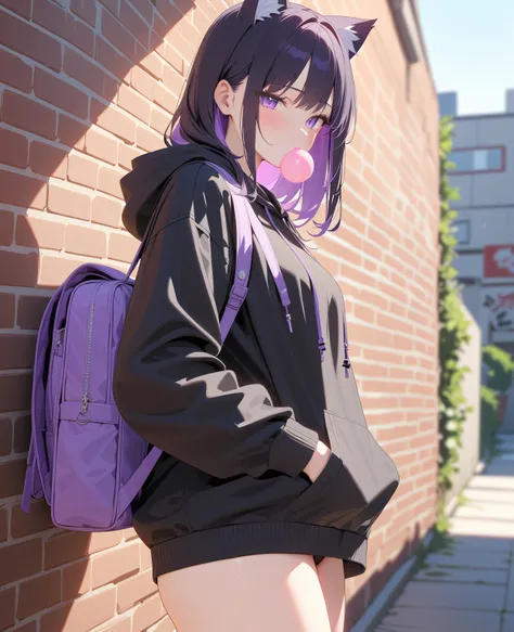 (masterpiece, top quality, best quality, beautiful and aesthetic:1.2),(8k, best quality, masterpiece:1.2),erotic picture,anime,cute,1girl,slut,bimbo,F-cup tits, colored inner hair black hair purple hair, black hat with cat_ears, black oversized hoodie, pur...