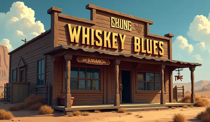 Create an art, a Western-style logo with the words Whiskey Blues , And in the background a saloon in the Wild West