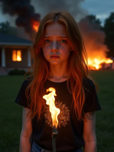  Realistic photo, A  girl, sad face,  tears in the eyes ,  green eyes, Redhead, long hair,  Body , jeans,  black t-shirt with an image of a fire flare in front.  In the background a night scene ,  a house burning behind ,  black smoke in the environment , ...