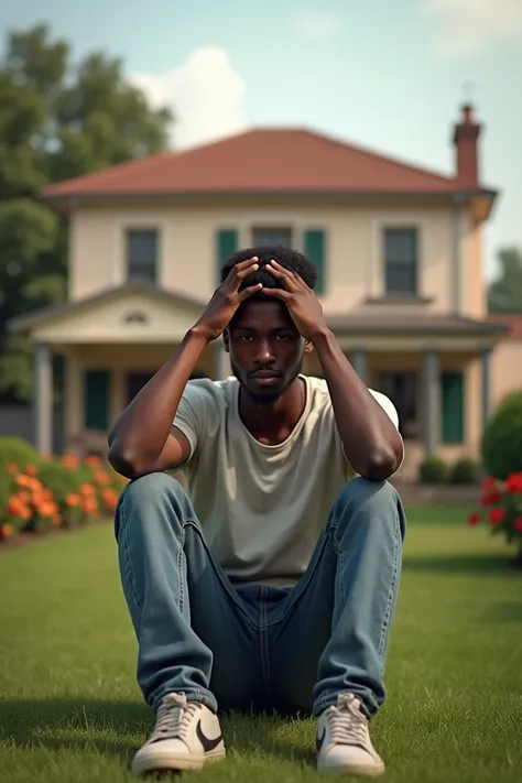 A Nigerian young man seated in front of a beautiful house with hands n his head 