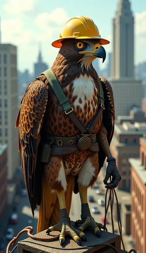 A hawk-bodied humanoid, with feathered arms and legs, stands on a ladder, wearing a yellow hard hat and a tool belt around its waist, as it works as an electrician, surrounded by sparks and tangled wires, with a busy urban cityscape in the background, feat...