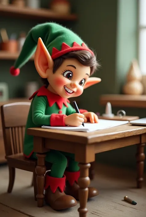 Image with a toy elf dressed in green and red and a pen in his hand writing a blank letter