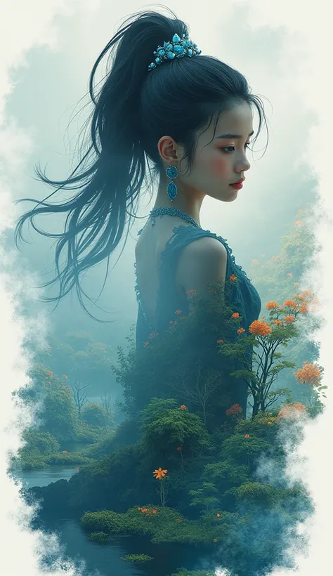 Conceptual art. Double exposure collage. Vignette. 3D color sketch. Sticker. 16K. UHD. high quality, photorealism. Thematic background. Dynamic plot. Mysticism. Fog. Character: sweet Kiri. (Avatar: The Way of Water) Water world. Stunning full color design,...