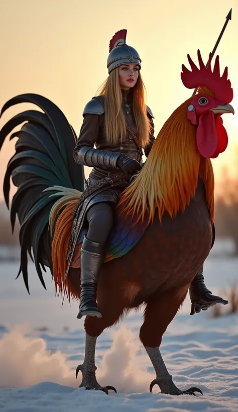 Create A Unreal France Beauty Woman Warrior Sitting On A Giant Gallic Rooster Walking, Unreal Beauty Skin, Long Hairs, Warrior Helmet, Blue Eyes, Woman Sitting On Giant Height Rooster , Holding A Archery in Hand, A very Eye Catching Sunset Background, High...