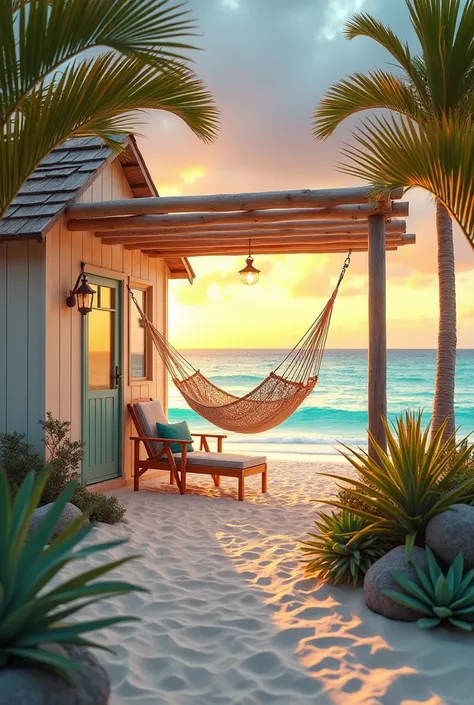 Tranquil beachside cabin at sunset.  Wooden pergola over a small, light beige cottage with teal accents.  A hammock hangs invitingly over soft, white sand, with a beach chair nearby.  Coastal plants, succulents and tropical foliage decorate the space.  War...