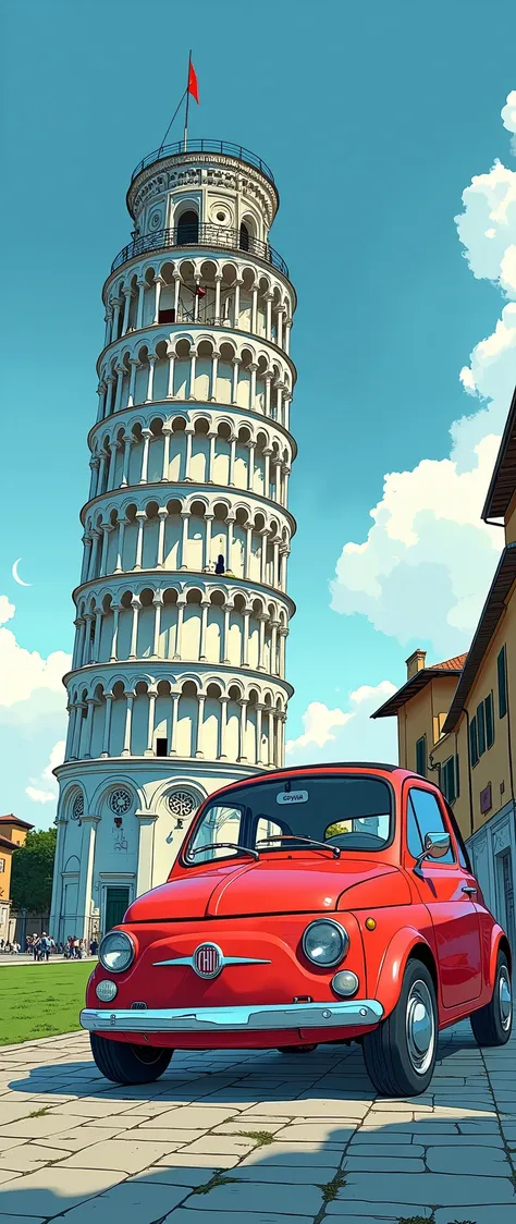 (  Masterpiece  :1.2,  top quality),( very detailed), anime style,8k,16k, wallpaper,(Fiat 500:2.0), blue sky,( Italy:2.0),(Tower of Pisa:2.0),( Dynamic :2.0)