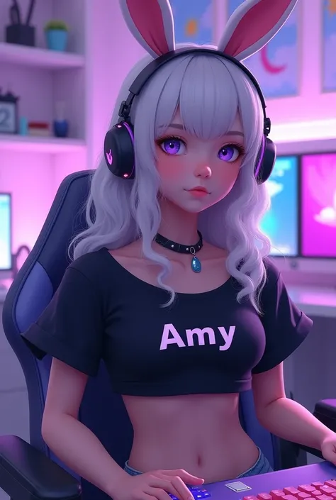 Aesthetic lavender gaming room baground young teenager with white hair and black crop top written Amy on it and lavender eyes and bunny headphone on 