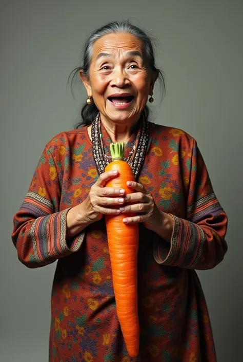 Old women indonesia , 
 Uniform Dress ,fullbody, smile to viewr  Bring Carrot Huge Bang, hair style Sidelocks, Breasts, open mouth, suprise