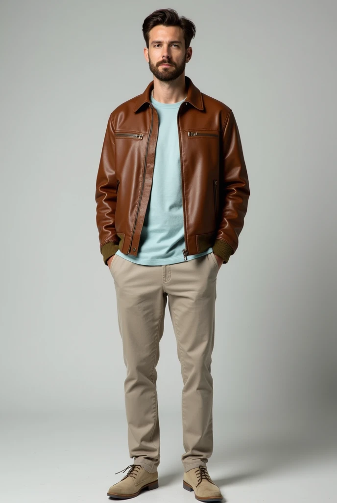  create a mans image with the following outfit  : outer =  brown leather jacket  , Superior:  A light brown jacket can be combined with a pastel-colored top like light blue, lavender, or mint , Subordinate:  Neutral colored pants such as beige or light gra...