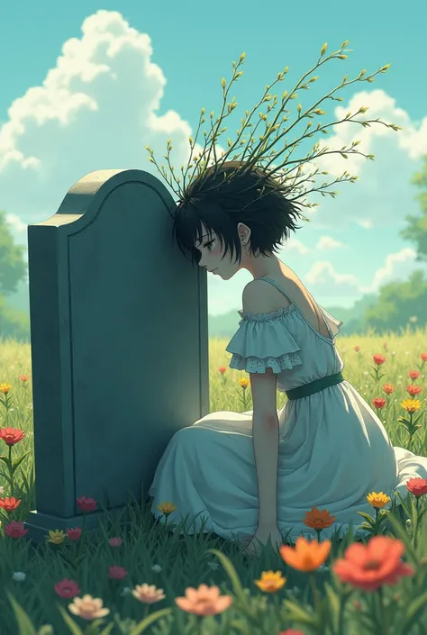 Anime Girl with short hair,long dress and branches growing out her head in a field of flowers sitting and resting her head on the only tombstone there