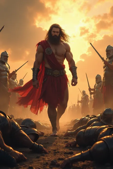 A biblical scene, a powerful biblical warrior, Samson, with long flowing hair, muscular build, walks in the midst of many fallen soldiers to the ground faint, digital art style