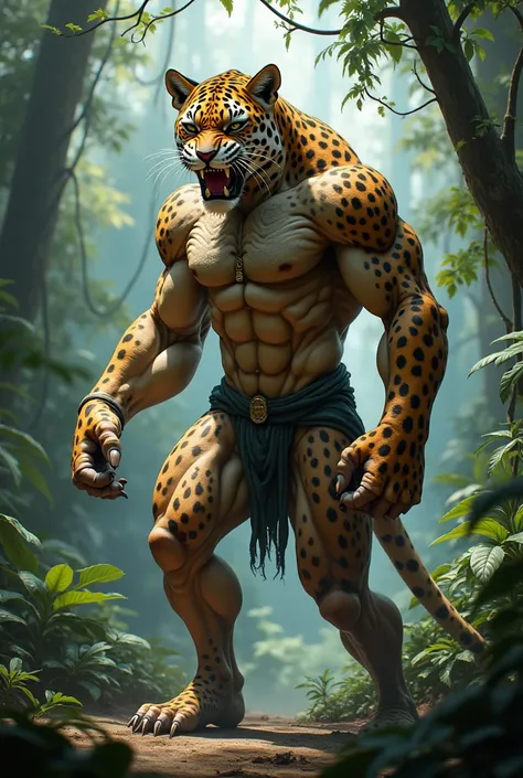 Jaguar with a strong muscular human body ,  with jaguar skin and legs defended realistic, Amazonian background  