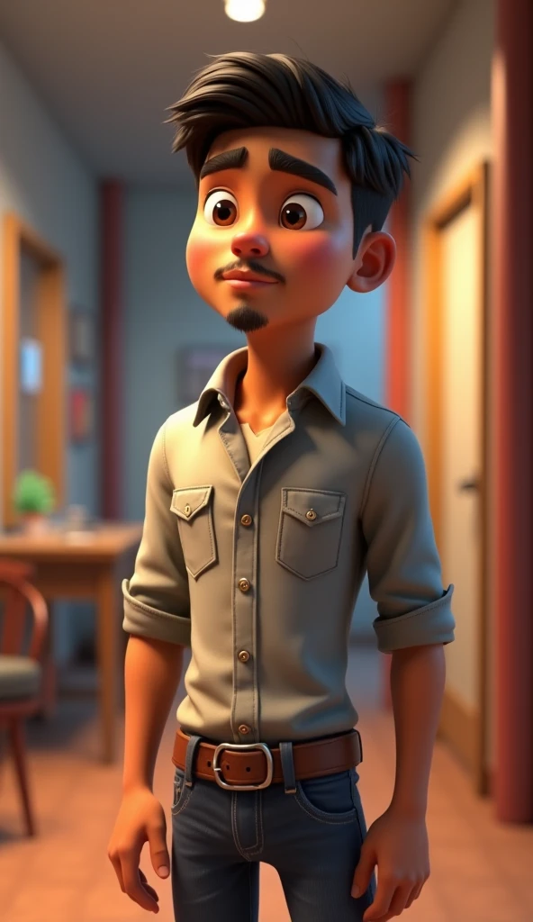 Zain: A 28-year-old thoughtful young man with a medium build, short black hair, and a light stubble. He wears a casual button-up shirt and jeans, with a calm and observant demeanor. 3d animation images hd quilty 