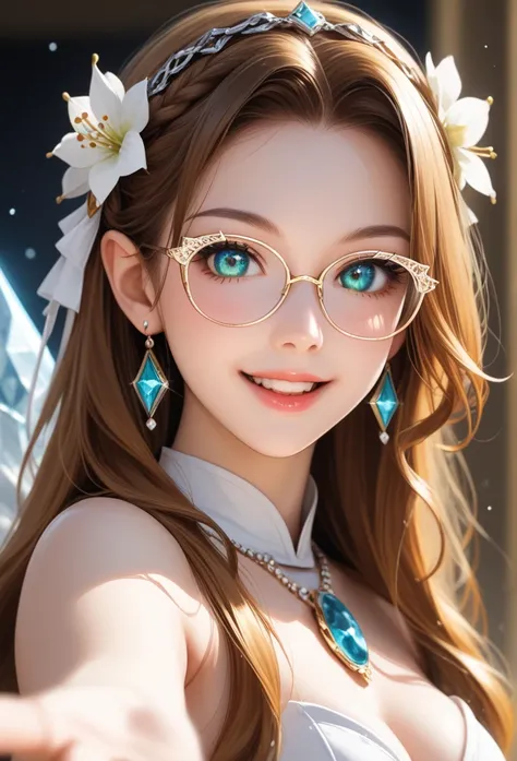 "Por favor, create an image of an Ice Elf of smiling ethereal beauty. She has long hair that merges into a gradient of colors, beginning in a resplendent white and ending in a heavenly gold, como se fossem feitos de fios de gelo banhados pelo sol. His face...