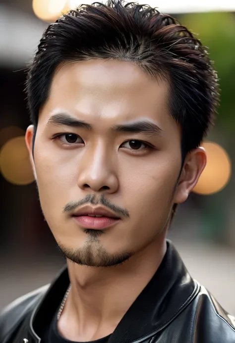 (masterpiece, high resolution, high detail, HD), handsome boy, charming boy, asian face, thin beard, looked seriously ahead, wearing a black leather jacket with a black t-shirt, (photo 1.1), realistic, detail skin, detail face, black eyes detal, there is a...