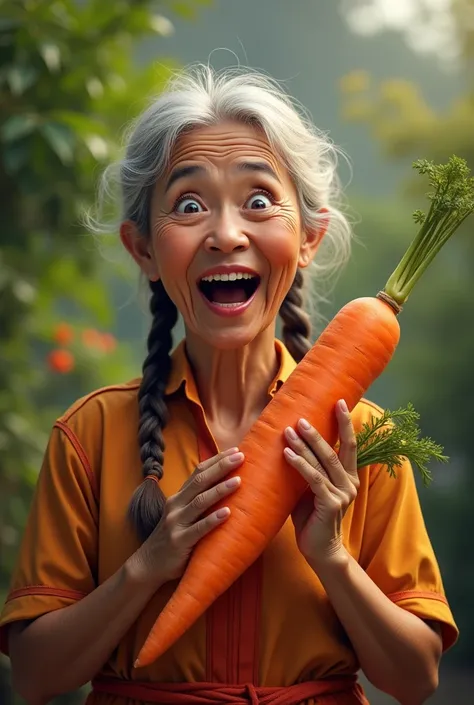 Old women indonesia , 
 Uniform Dress ,fullbody, smile to viewr  Bring Carrot Huge Bang, hair style Sidelocks, Breasts, open mouth, supriseBokeh, 