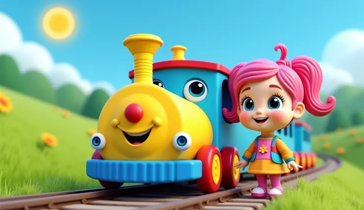 "A colorful and cheerful 3D cartoon scene featuring a bright blue and yellow train with a friendly face, large round eyes, and a wide smile, traveling on railway tracks through a vibrant green countryside with rolling hills and a sunny blue sky. Standing n...