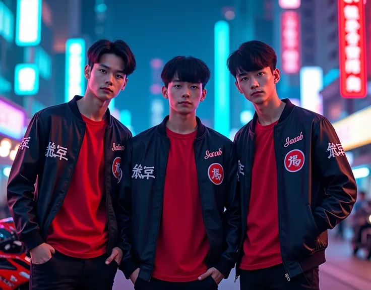 Three handsome young men of 20 years old wearing red shirts wearing black jackets Hode on the logo of the names Calvin and Alex and Jacob 
glowing blue color in the background of hong kong at night there is a red color kawasaki motorcycle