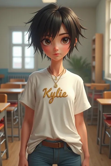 Girl student and like a boyish and has a necklace that named Kylie realistic 