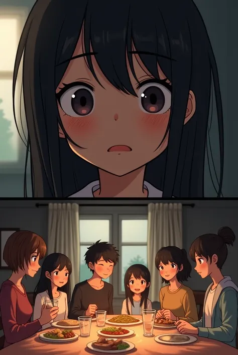 Black eyes, black hair, crying her eyes is full of tears, her whole is cryíng 2 panels a girl having bonding with her family they were eating, their faces is full smiles
