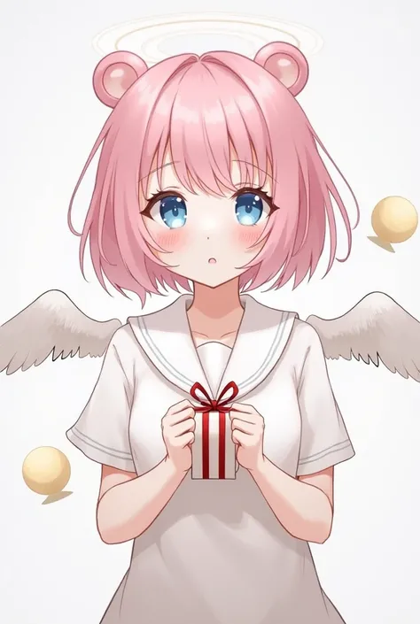 Skistyle,  1girl, One,  pink hair , animal ears,  blue eyes, wings,  looking at the viewer , mall , bang,  Short hair, a gift,  sailor collar, simple background, white  sailor collar, mall  under mouth, hair a gift, pink a gift,  closed mouth ,  shirt , wh...