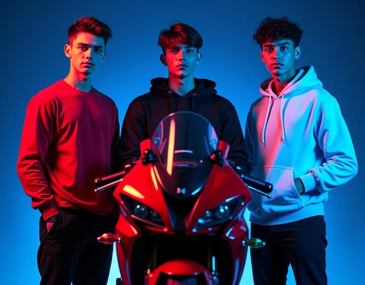 Three handsome young men of 20 years old wearing red shirts wearing black hoodies wearing white hoodies, Calvin and Alex and James.
Glowing blue color in the night background there is a red Kawasaki motorcycle