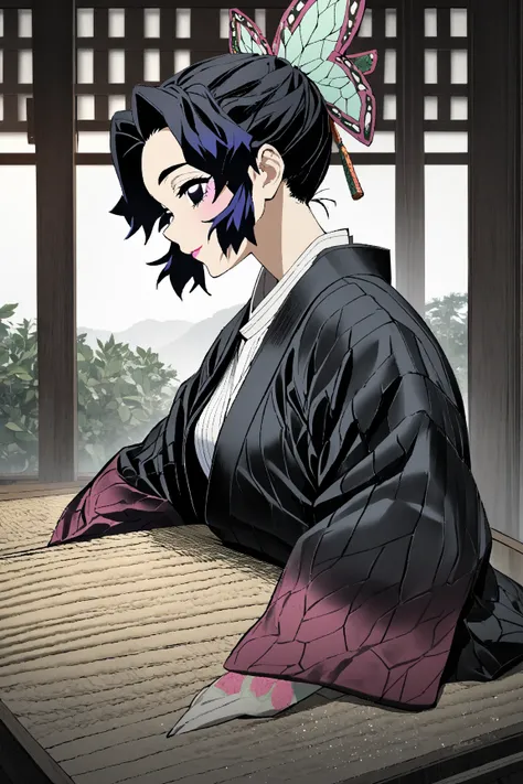 1girl, solo, kocho Shinobu, kimetsu no yaiba, high detailed, sexy style, sitting on the table