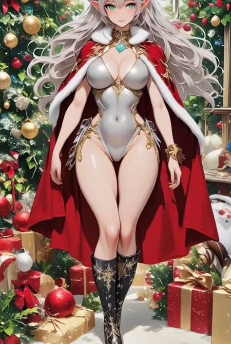 Intricate Anime illustration, Lirien, an elegant elven maiden, Christmas Babe, radiates holiday cheer with her ethereal beauty. Her long, flowing silver hair is adorned with delicate holly and mistletoe, and her emerald green eyes sparkle with warmth. She ...