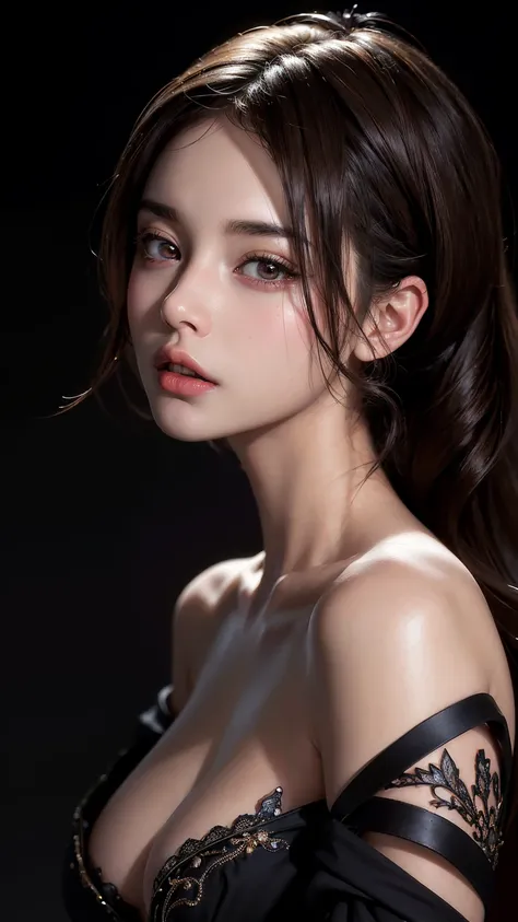 masterpiece, Best Quality, Illustration, Ultra-detailed, finely detail, hight resolution, 8K Wallpaper, Perfect dynamic composition, Beautiful detailed eyes，Sexy face,Face feeling ecstasy,Face at the peak of sexual arousal, looking at viewer, ((Dark backgr...