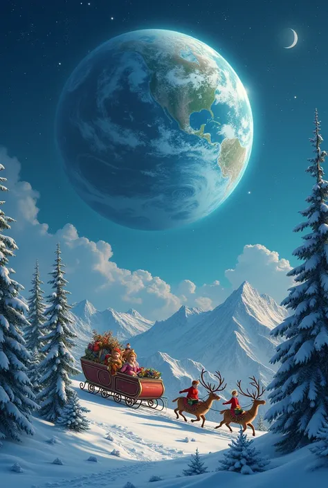 
Traineau  pere noel tire par les rennes dans le ciel au loin style Disney et les cadeaux tombent Sourire, le pere noel bras tendu sauve la  grosse planete. En bas des chalets avec sapins decores. Il y a elsa reine des neiges avec pere noel