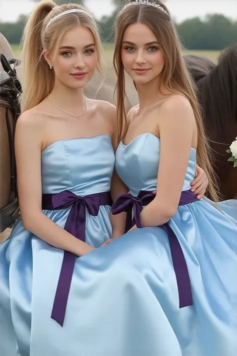 Realistic upper body portrait of two German flower girls aged 24 ,  long hair with ponytail , headband, Necklace, smile.  She poses for the camera in a shiny metallic light blue satin A-line dress and a dark purple satin Ribbonbelt..., Wedding celebration,...