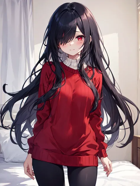  1 girl , solo,  black hair,  long hair,  hair to hide one eye, Straight Hair, Beautiful breasts, medium chest ,Red sweater, sweater dress,leggings, red eyes, Slanted Eyes,His right eye is hidden by his hair, uneasy smile, sheds tears, standing, high defin...