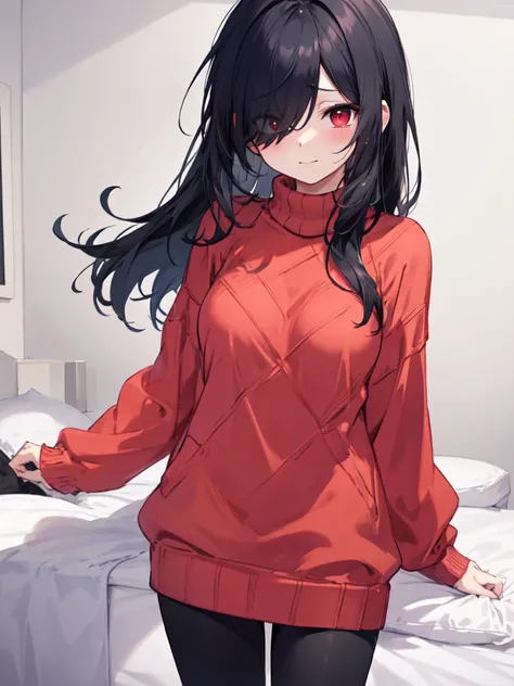  1 girl , solo,  black hair,  long hair,  hair to hide one eye, Straight Hair, Beautiful breasts, medium chest ,Red sweater, sweater dress,leggings, red eyes, Slanted Eyes,His right eye is hidden by his hair, uneasy smile, sheds tears, standing, high defin...