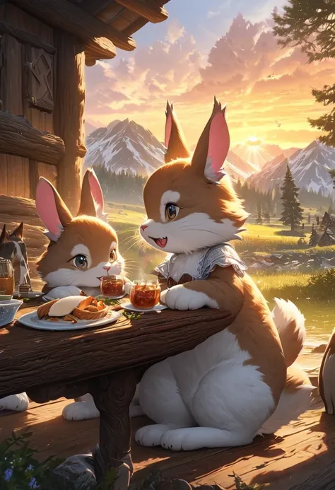 A cute rabbit furry and a cute cat furry having breakfast, sitting at the table and looking like theyre having fun, log cabin, sunrise, This is cute fantasy art that looks like a fairy tale picture book, ultra detailed, absolutely resolution, masterpiece