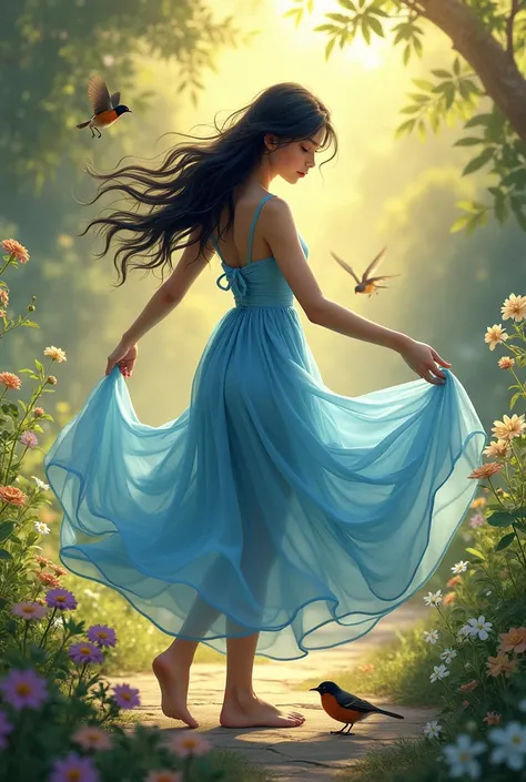  woman with black hair dancing barefoot with light blue dress dancing in nature with ren dressed in blue. Lever de soleil, Robins , fleurs.
